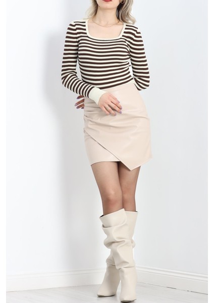 Kare Yaka Çizgili Triko Body Lattekahve - 1118.1247. fırsatları