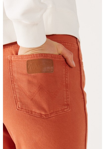 Mom Straight Fit Düz Kesim Yüksek Bel Turuncu Esnek Pantolon indirimleri