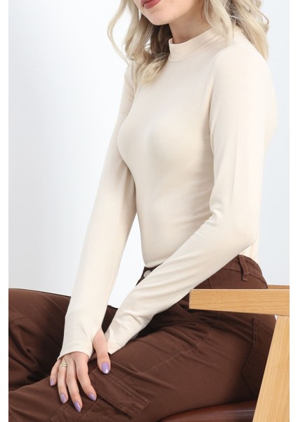 Yarım Balıkçı Uzun Kolu Parmak Geçmeli Bluz Bej - 21756.200.