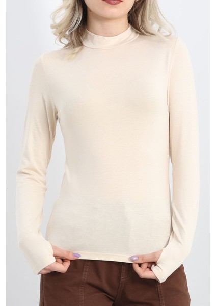 Yarım Balıkçı Uzun Kolu Parmak Geçmeli Bluz Bej - 21756.200. modelleri