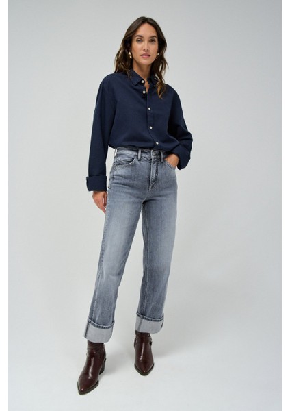 Yüksek Bel Düz Paça Standart Gri Kadın Denim Pantolon 21008610-FAITH Straight