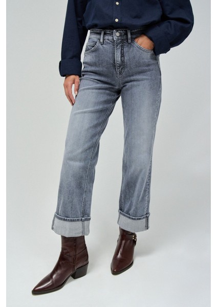Yüksek Bel Düz Paça Standart Gri Kadın Denim Pantolon 21008610-FAITH Straight
