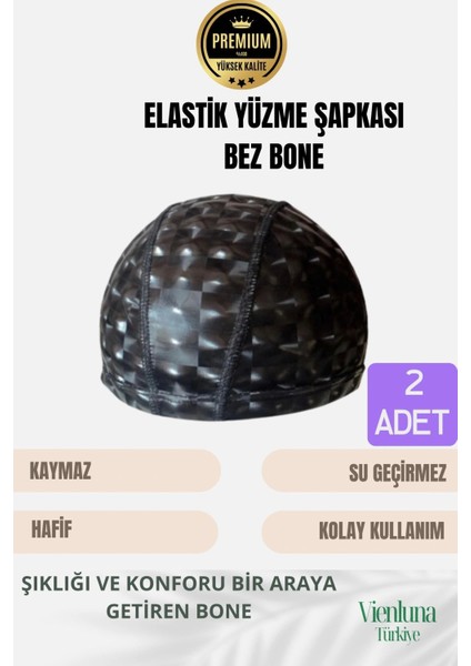 Premium Seri Su Geçirmez Bez Bone Havuz ve Deniz Için Ideal Elastik Yüzme Şapkası Çift Paket