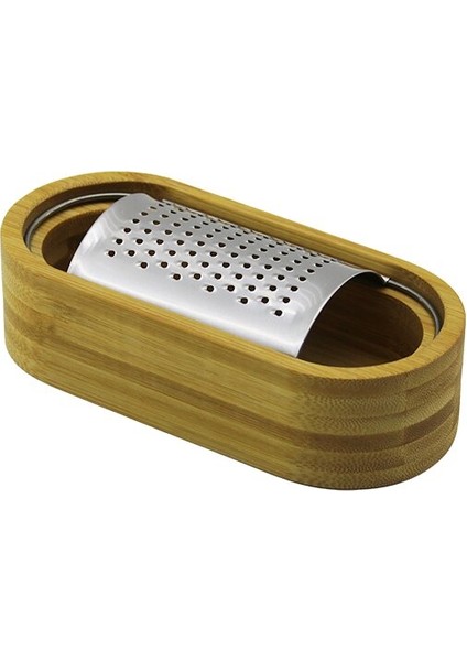 Ahşap Bambu Hazneli Yatay - Oval Metal Bombeli Meyve Rendesi 7 x 15.5cm