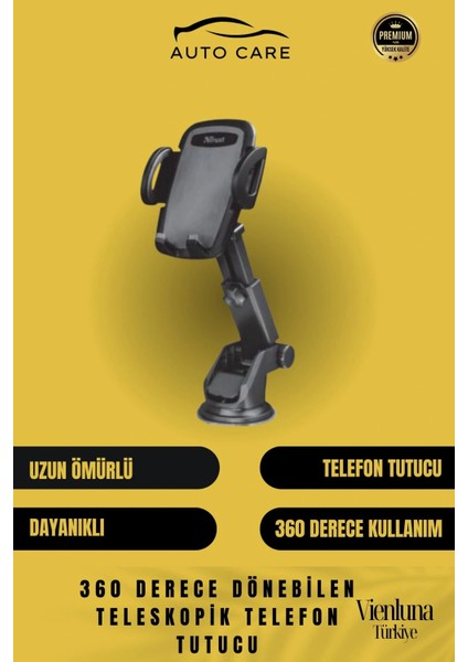 Premium Dayanıklı Vantuzlu Sağlam Çok Fonksiyonlu 360 Derece Dönebilen Teleskopik Telefon Tutucu