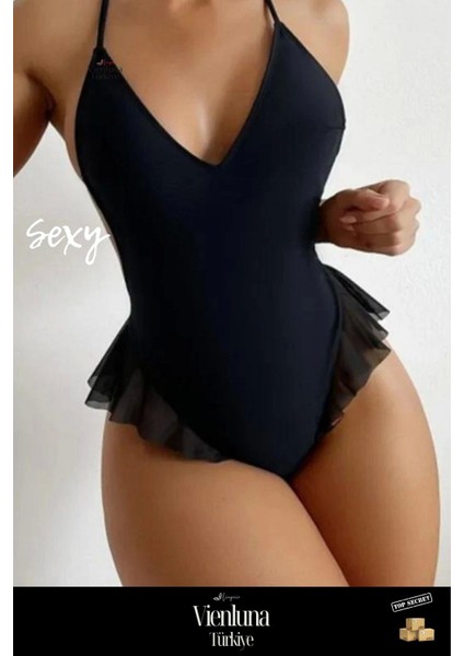 Premium Seri Kadın Lüks Fantezi Şık Çekici Modern Esnek Zarif Rahat Günlük Siyah Fırfırlı Bodysuit