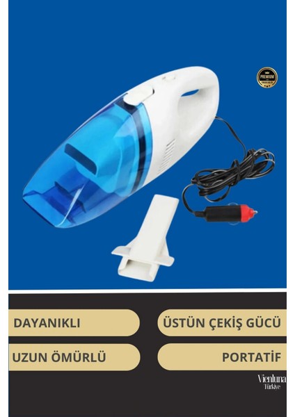 Premium Seri Dayanıklı 12V Uzatma Kablolu Yüksek Çekimli Araç Çakmaklık Girişli Oto Süpürgesi