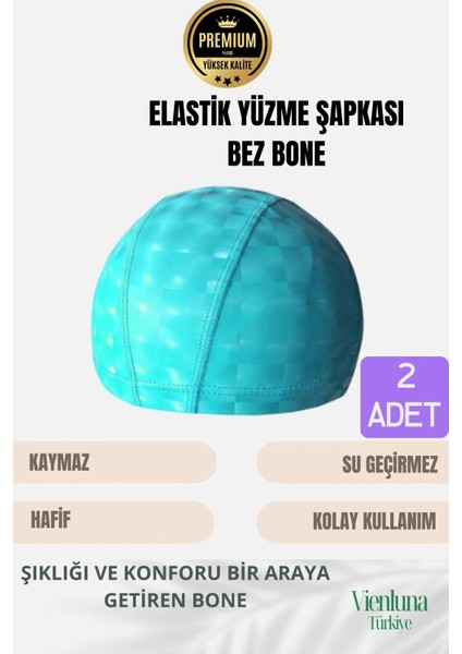 Premium Seri Su Geçirmez Bez Bone Havuz ve Deniz Için Ideal Elastik Yüzme Şapkası Çift Paket