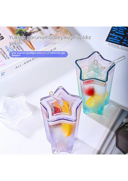 Beş Köşeli Yıldız Cam Renkli Gradyan Bardak, Yüksek Görünümlü Pipetli Bardak (Ikili Paket) (Yurt Dışından) indirimleri