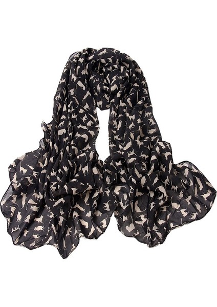 Bayan Kedi Baskılı Şifon Eşarp, Uzunluk: 150cm X 60cmsıyah (Yurt Dışından)