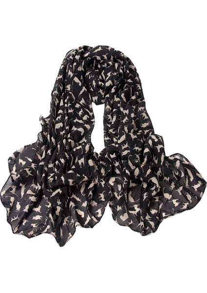 Bayan Kedi Baskılı Şifon Eşarp, Uzunluk: 150cm X 60cmsıyah (Yurt Dışından)