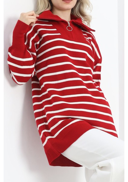 Fermuar Detaylı Çizgili Triko Bluz Kırmızılatte - 3061.1577.