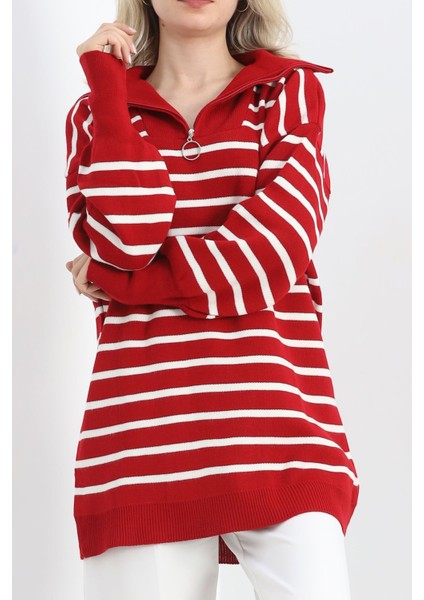 Fermuar Detaylı Çizgili Triko Bluz Kırmızılatte - 3061.1577. fırsatları