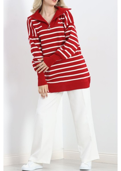 Fermuar Detaylı Çizgili Triko Bluz Kırmızılatte - 3061.1577. indirimleri