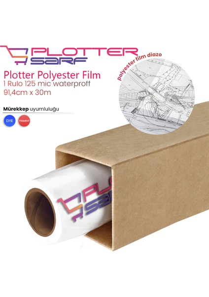 ® Plotter Polyesteri Inkjet Waterprof (Diazo) Kağıdı 125 Micron Rulo 91.4cm x 30MT (1 Rulo)