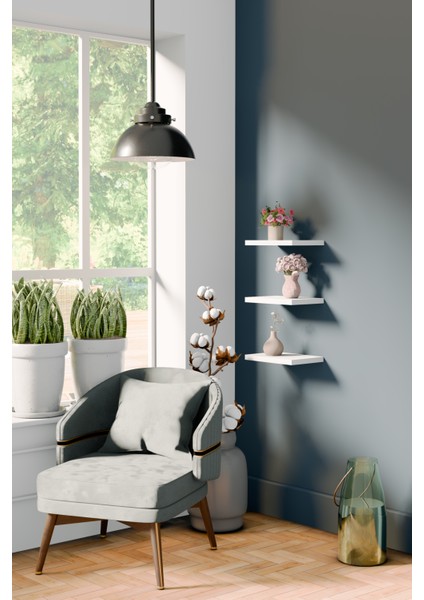20 Cm 3lü Mat Beyaz Mdf Uçan Mini Duvar Rafı Gizli Bağlantı Çiçeklik