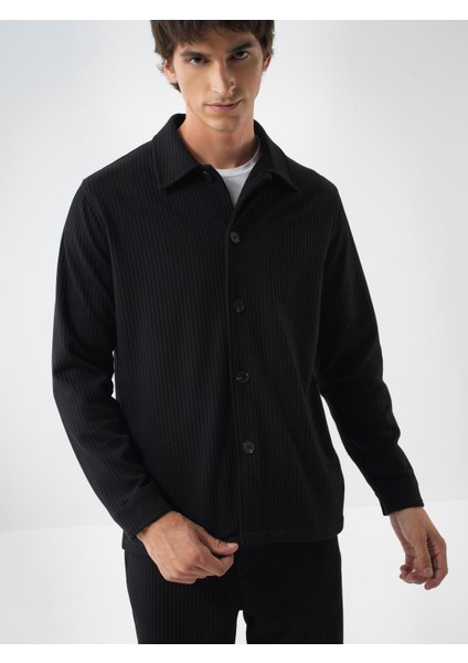 Erkek Siyah Esnek Dokulu Regular Fit Ceket