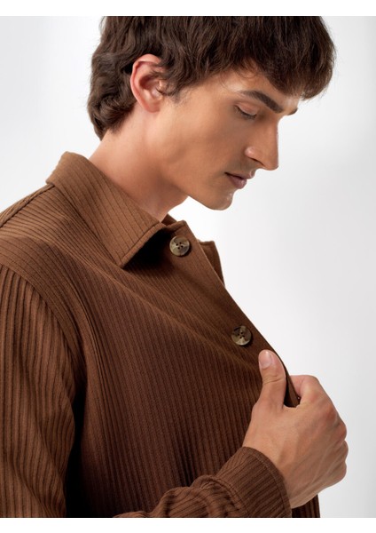 Erkek Camel Esnek Dokulu Regular Fit Ceket