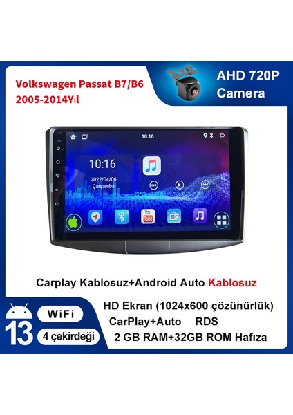 Volkswagen Passat B7/b6 (2005-2014 Yıl ) Multimedya Android Sürüm 13 Kablosuz Carplay Navigasyon 10.2 Inç Ekran 2g Ram +32GB Hafıza