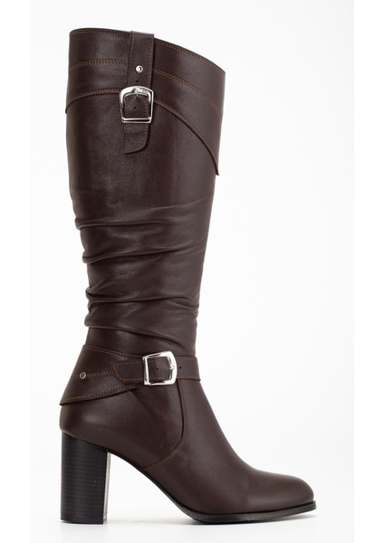 Kadın Hakiki Deri Körüklü Toka Detaylı Topuklu Çizme - Kahve modelleri