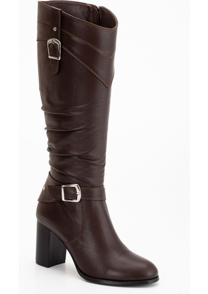 Kadın Hakiki Deri Körüklü Toka Detaylı Topuklu Çizme - Kahve fırsatları