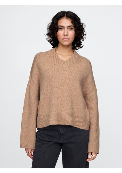 Kadın Kahverengi Cashsoft Oversize V Yaka Kazak