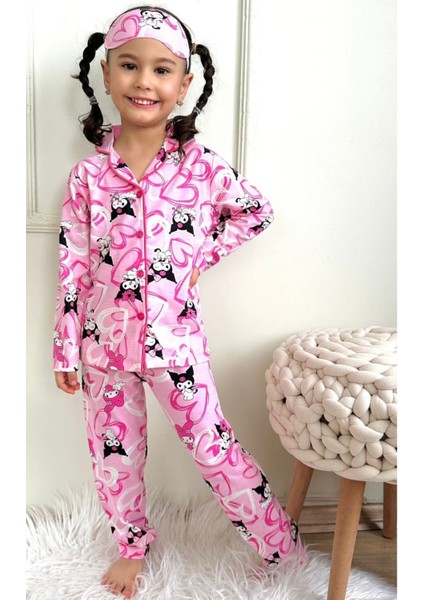 Kız Çocuk Desenli Kalp Karakter Baskılı Pembe Renk Uzun Kollu Pijama Takımı