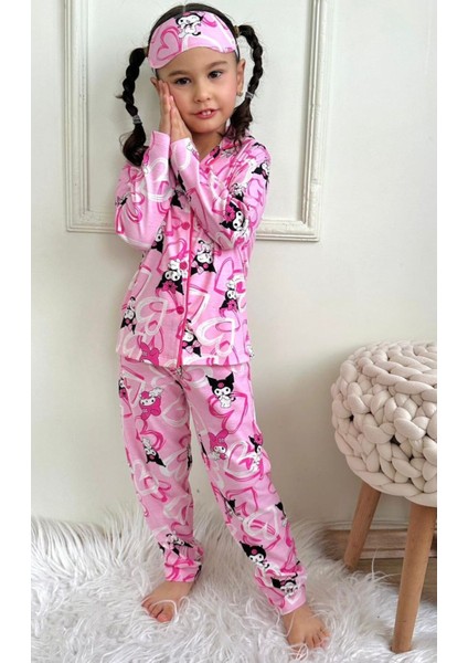 Kız Çocuk Desenli Kalp Karakter Baskılı Pembe Renk Uzun Kollu Pijama Takımı
