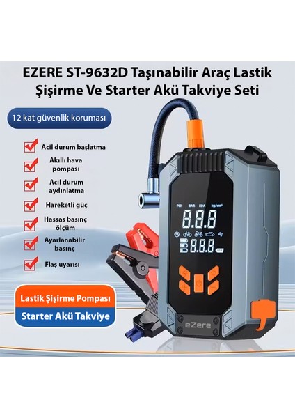 ST-9632D Taşınabilir Araç Lastik Şişirme ve Starter Akü Takviye Seti fiyatları
