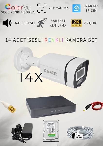 14'LÜ HER ŞEY DAHİL 5MP SESLİ TAK ÇALIŞTIR HAZIR SET - DAHİLİ SESLİ, 5MP QUADHD+ ÇÖZÜNÜRLÜK, GECE RENKLİ GÖRÜŞ, YÜZ TANIMA, HAREKET ALGILAMA