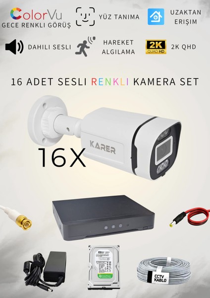 16'LI HER ŞEY DAHİL 5MP SESLİ TAK ÇALIŞTIR HAZIR SET - DAHİLİ SESLİ, 5MP QUADHD+ ÇÖZÜNÜRLÜK, GECE RENKLİ GÖRÜŞ, YÜZ TANIMA, HAREKET ALGILAMA