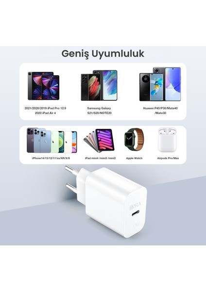 GAR152 PD20W Şarj Aleti - Type-C Adaptör - Hızlı Şarj Cihazı - Kompakt Tasarım - Telefon ve Tablet Uyumlu - Beyaz modelleri
