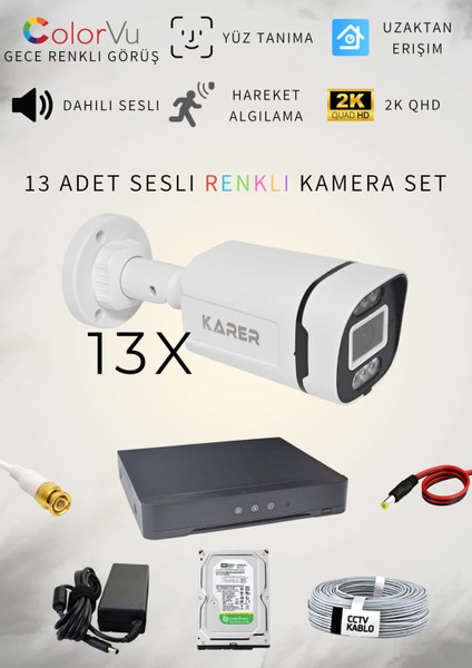 13'LÜ HER ŞEY DAHİL 5MP SESLİ TAK ÇALIŞTIR HAZIR SET - DAHİLİ SESLİ, 5MP QUADHD+ ÇÖZÜNÜRLÜK, GECE RENKLİ GÖRÜŞ, YÜZ TANIMA, HAREKET ALGILAMA