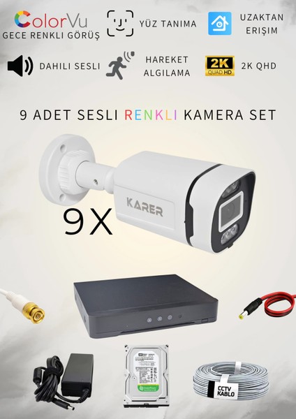 9'LU HER ŞEY DAHİL 5MP SESLİ TAK ÇALIŞTIR HAZIR SET - DAHİLİ SESLİ, 5MP QUADHD+ ÇÖZÜNÜRLÜK, GECE RENKLİ GÖRÜŞ, YÜZ TANIMA, HAREKET ALGILAMA