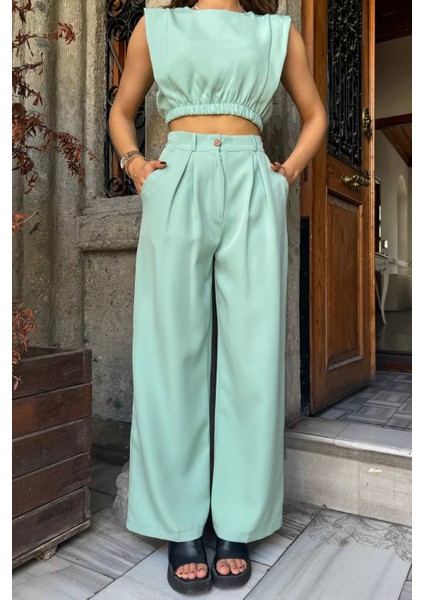 Kadın Crop Bluz Pantolon Ikili Takım modelleri