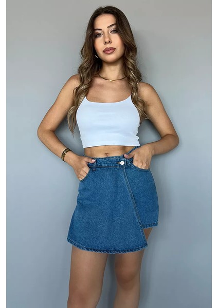 Yüksek Bel Jean Kot Kadın Şort Etek P-00011924