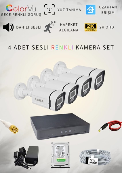 4'LÜ HER ŞEY DAHİL 5MP SESLİ TAK ÇALIŞTIR HAZIR SET - DAHİLİ SESLİ, 5MP QUADHD+ ÇÖZÜNÜRLÜK, GECE RENKLİ GÖRÜŞ, YÜZ TANIMA, HAREKET ALGILAMA