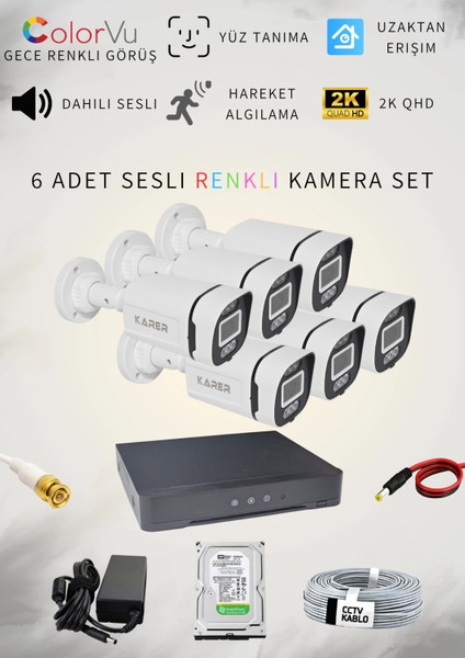 6'LI HER ŞEY DAHİL 5MP SESLİ TAK ÇALIŞTIR HAZIR SET - DAHİLİ SESLİ, 5MP QUADHD+ ÇÖZÜNÜRLÜK, GECE RENKLİ GÖRÜŞ, YÜZ TANIMA, HAREKET ALGILAMA