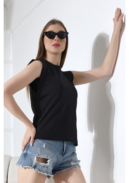 %100 Pamuk Bisiklet Yaka Kolsuz Geniş Kol Işlemeli Kadın T-Shirt 21572 Siyah