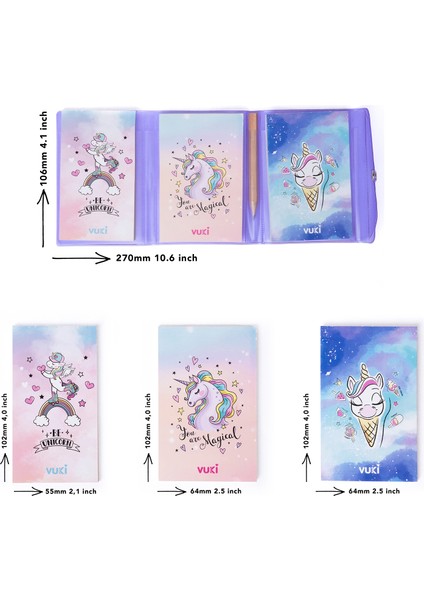 Unicorn Renkli Kapaklı Mini 3 Bölmeli Kalemli Defter