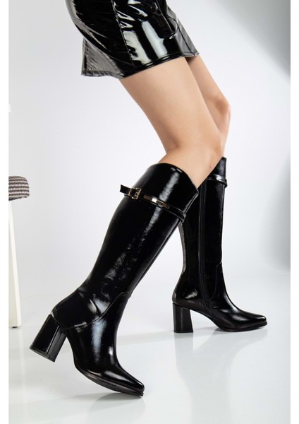 Kadın Hakiki Deri Altın Toka Detaylı Şık Topuklu Çizme - Siyah Rugan fiyatları