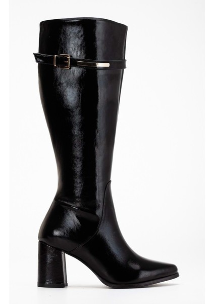 Kadın Hakiki Deri Altın Toka Detaylı Şık Topuklu Çizme - Siyah Rugan modelleri