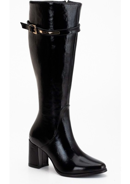 Kadın Hakiki Deri Altın Toka Detaylı Şık Topuklu Çizme - Siyah Rugan fırsatları