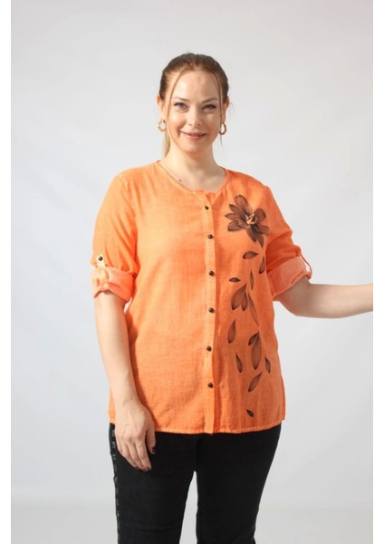 3293 Turuncu Çiçek Baskılı Organik Keten Kumaş Mevsimlik Gömlek