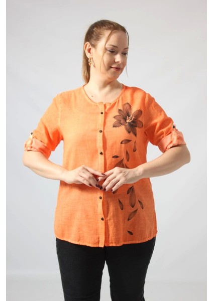 3293 Turuncu Çiçek Baskılı Organik Keten Kumaş Mevsimlik Gömlek fiyatları
