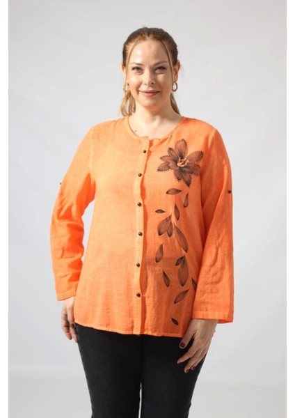 3293 Turuncu Çiçek Baskılı Organik Keten Kumaş Mevsimlik Gömlek modelleri