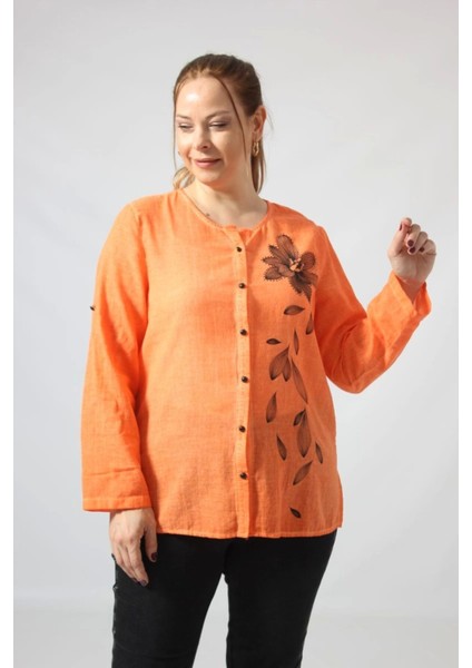 3293 Turuncu Çiçek Baskılı Organik Keten Kumaş Mevsimlik Gömlek fırsatları
