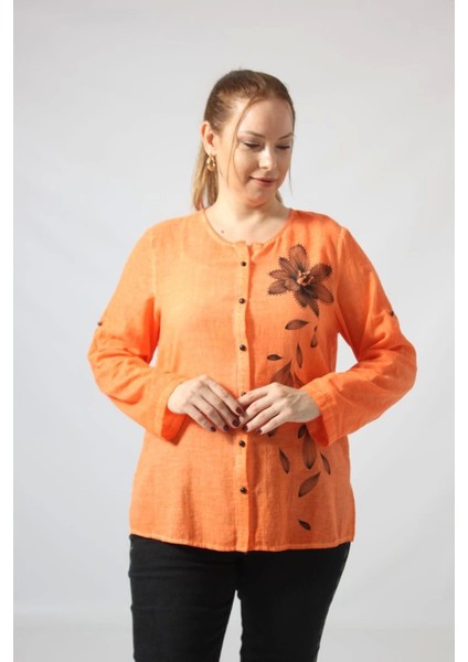 3293 Turuncu Çiçek Baskılı Organik Keten Kumaş Mevsimlik Gömlek indirimleri