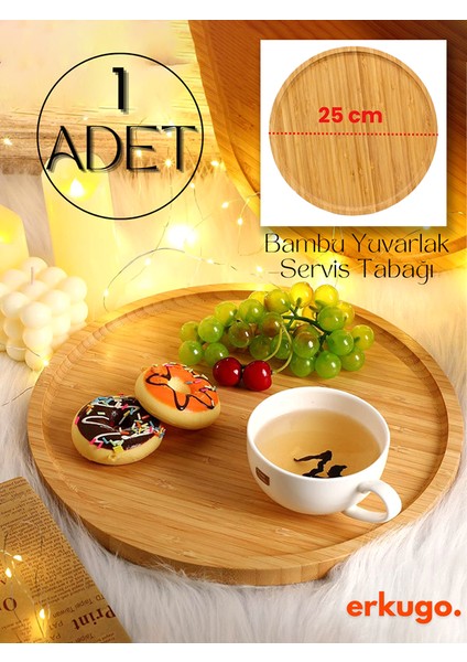 1 Adet Bambu Büyük Boy Yuvarlak Servis Tabağı, Sunum Tabağı 25 x 25 cm