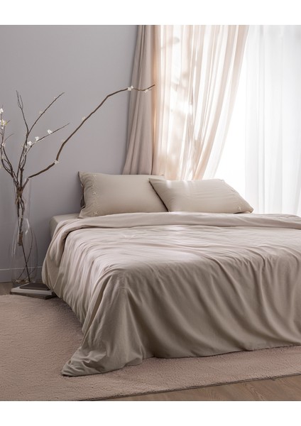 Loris King Size %100 Pamuk Nakışlı Nevresim Takımı - Bej